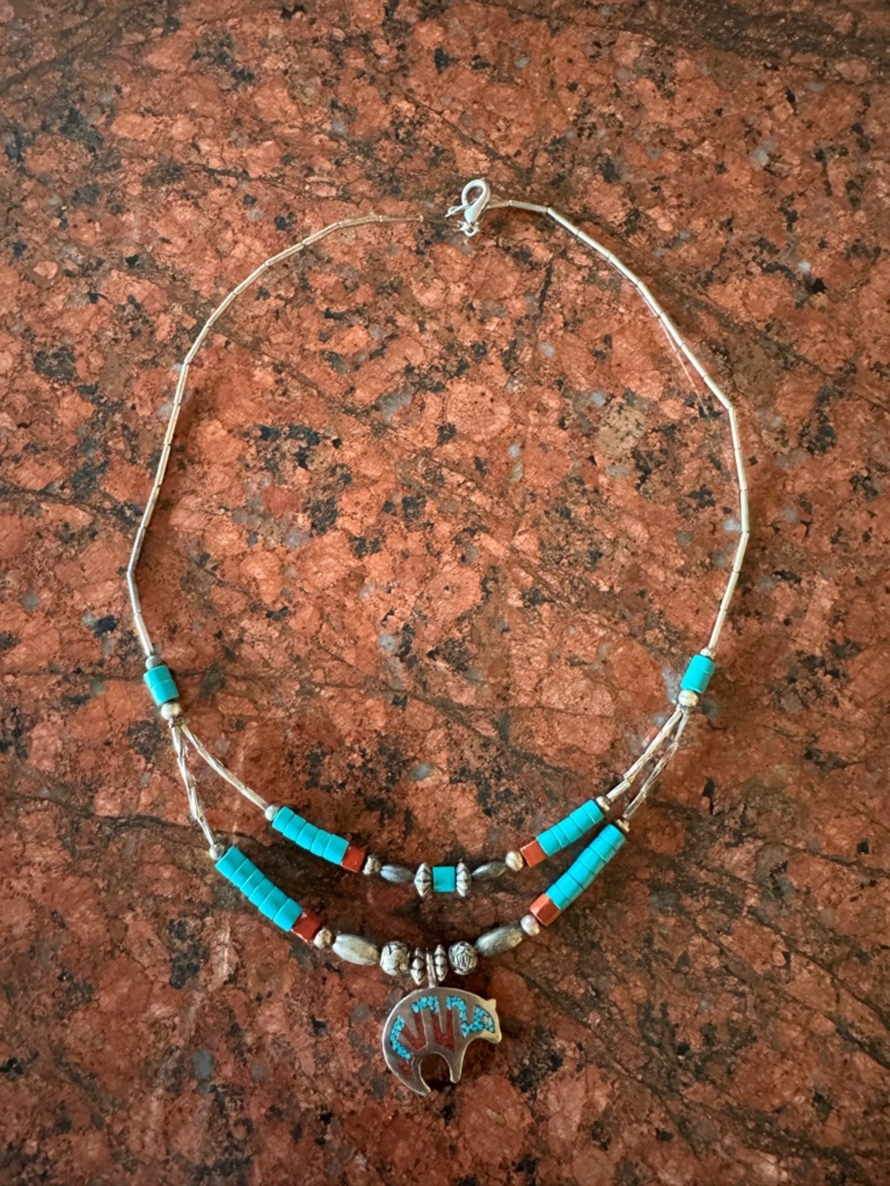 Vintage Zuni Turquoise/Coral Bead Bear Pendant Necklace